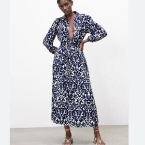 Zara Navy Blue Ivory Cream Tie Waist Puff‎ Sleeve Maxi Shirtdress Size L